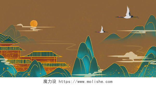 国潮风景中国风山水建筑手绘插画海报背景国潮山水